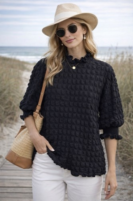 #ad #ad Simply Southern Textured Puff Sleeve Top L Smocked Stretch Coastal Cottagecore $15.99