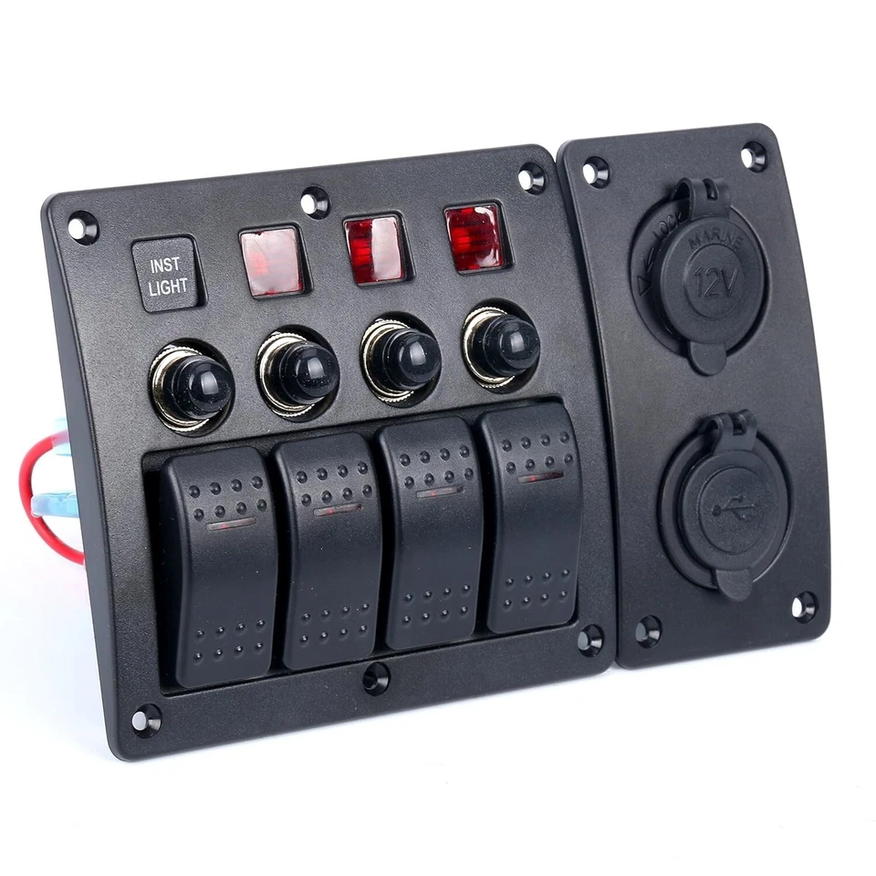Painel interruptor balancim alternador à prova d'água 12V 4 gangues LED vermelho com USB duplo para barco trailer - Imagem 2 de 4