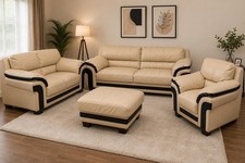 DFS Modern Leather Sofa Set Beige & Black 205cm x 95cm x 75cm
