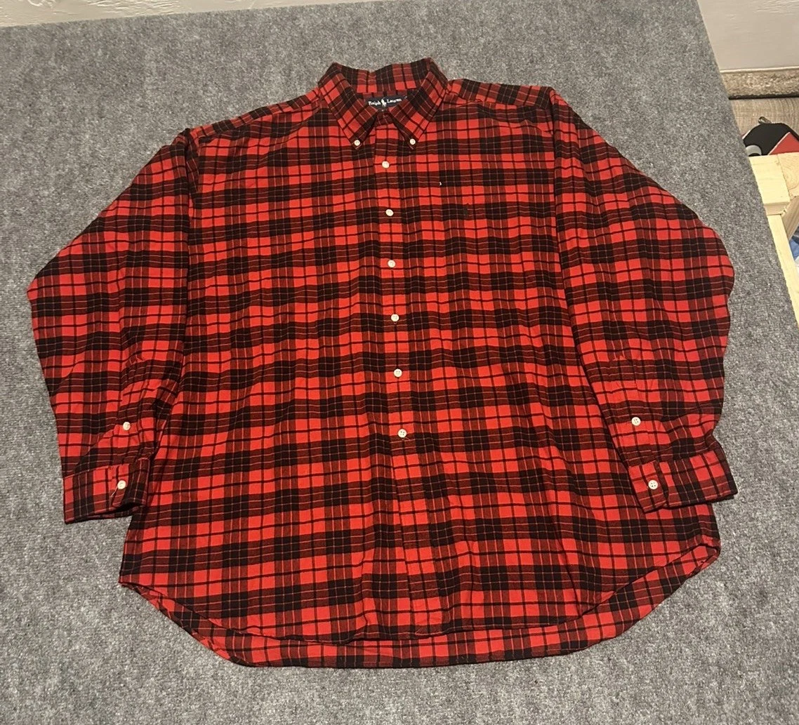 Vintage Men Polo Ralph Lauren Flannel Shirt 2XL Blake Buffalo Red Black Check