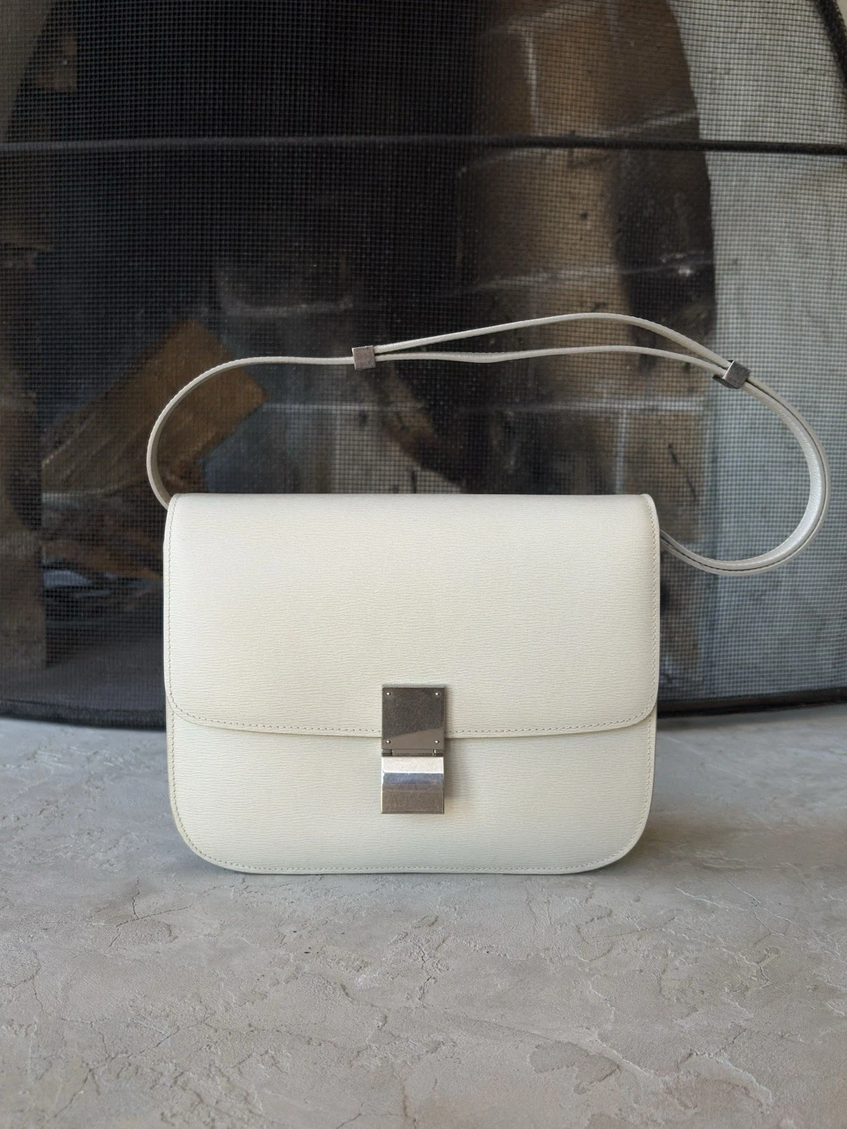Celine — CELINE / 2018 Phoebe Philo Medium Box Bag White Chèvre Leather Silver Hardware