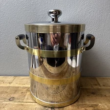 Vintage Kraftware NYC Large Ice Bucket Chrome with Gold/Brass Band With Handles