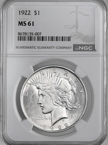 1922-P  $1 PEACE SILVER DOLLAR  "PHILADELPHIA MINT"  NGC MS61 #8678135-007