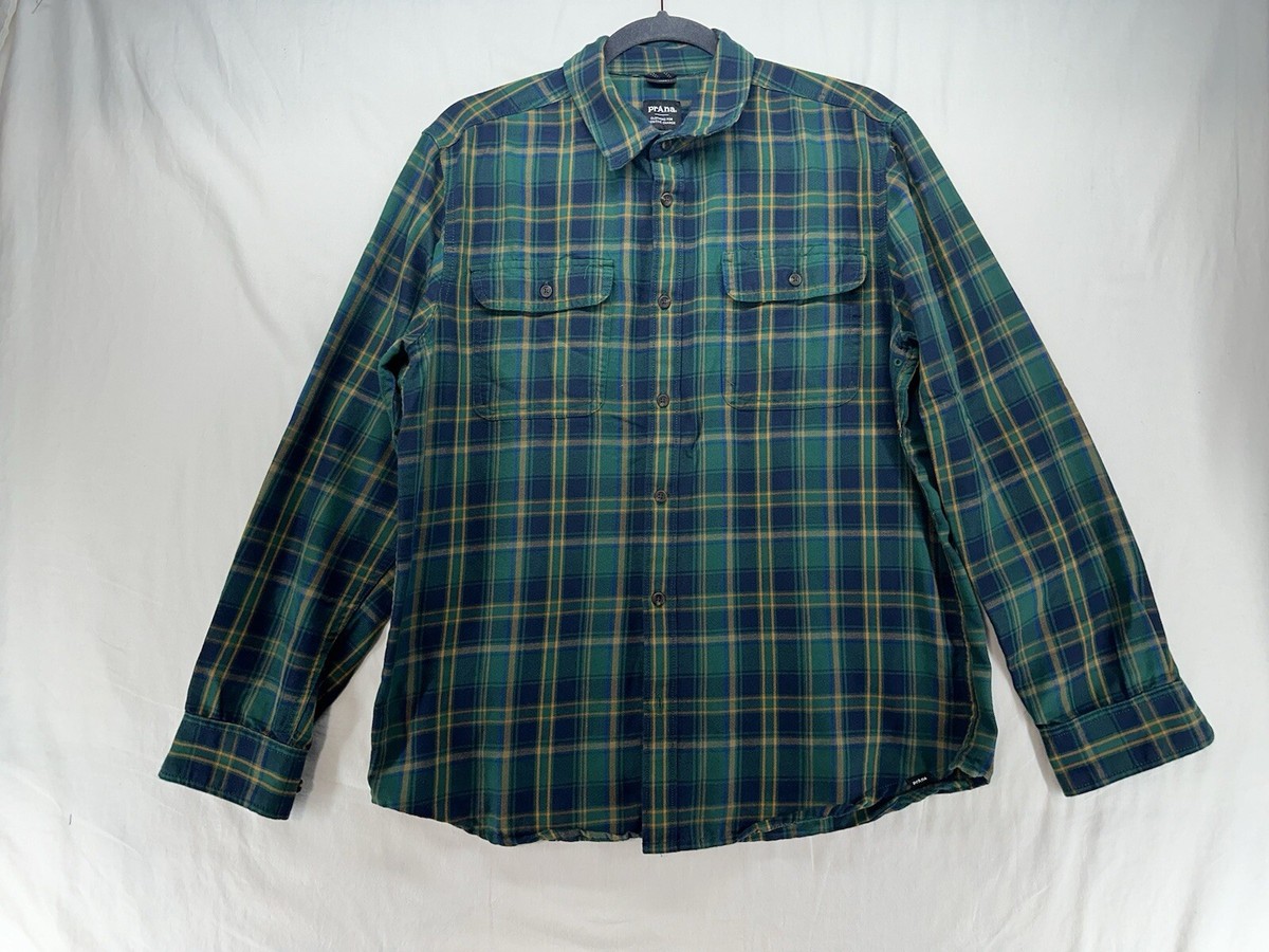 prana dress shirts prAna Green Blue Gold Plaid Long Sleeve Button Down Shirt Mens Size Medium
