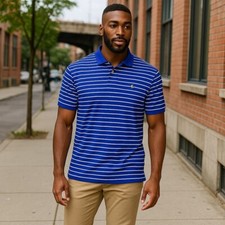 Polo Ralph Lauren Mens LX Custom Fit Blue White Striped Polo Shirt 100 Cotton