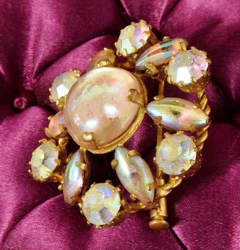 Wunderschön hübsche Vintage französische rosa facettierte & Cabochon Steinbrosche, Pin - Bild 7 von 12