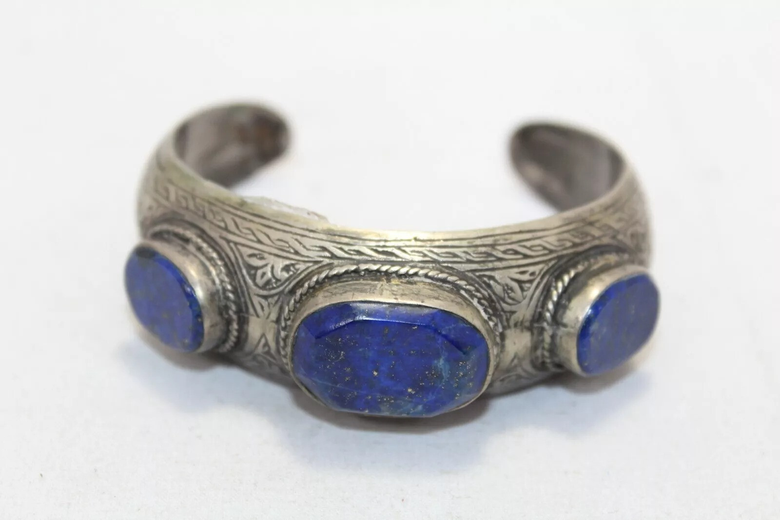 Bangle Cuff Bracelet Sterling Silver 925 Lapis Lazuli Gems Stone Wax Inside C443-image