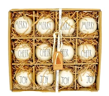 Ceramic Christmas Ornaments Merry Cheer Joy Box of 12 Balls Cream Black Rae Dunn