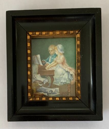 Peinture miniature européenne antique dans un cadre original enfants jouant du piano - Photo 1 sur 5