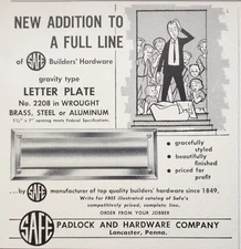 1955 AD(H1)~SAFE PADLOCK AND HARDWARE CO. LANCASTER, PA. LETTER DOOR PLATE