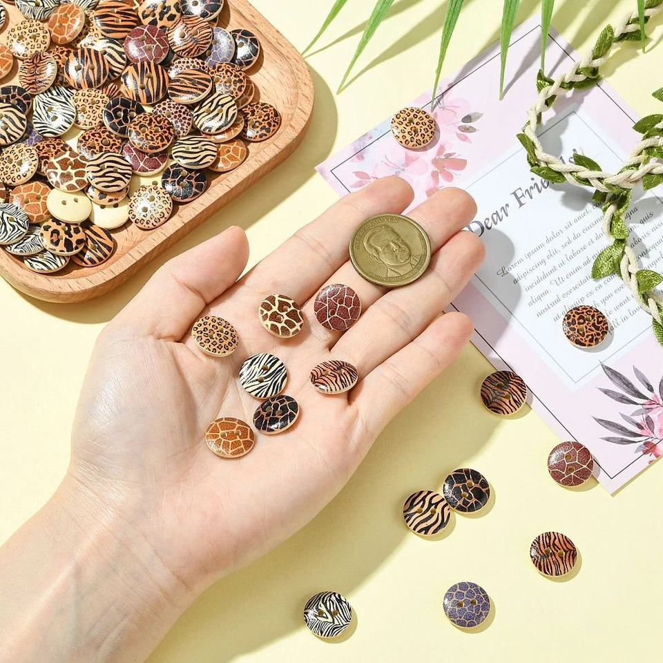 100pcs Flat Round 2-Hole Wood Buttons Brown Printed for DIY Sewing Cloth Crafts - Image 4 of 4