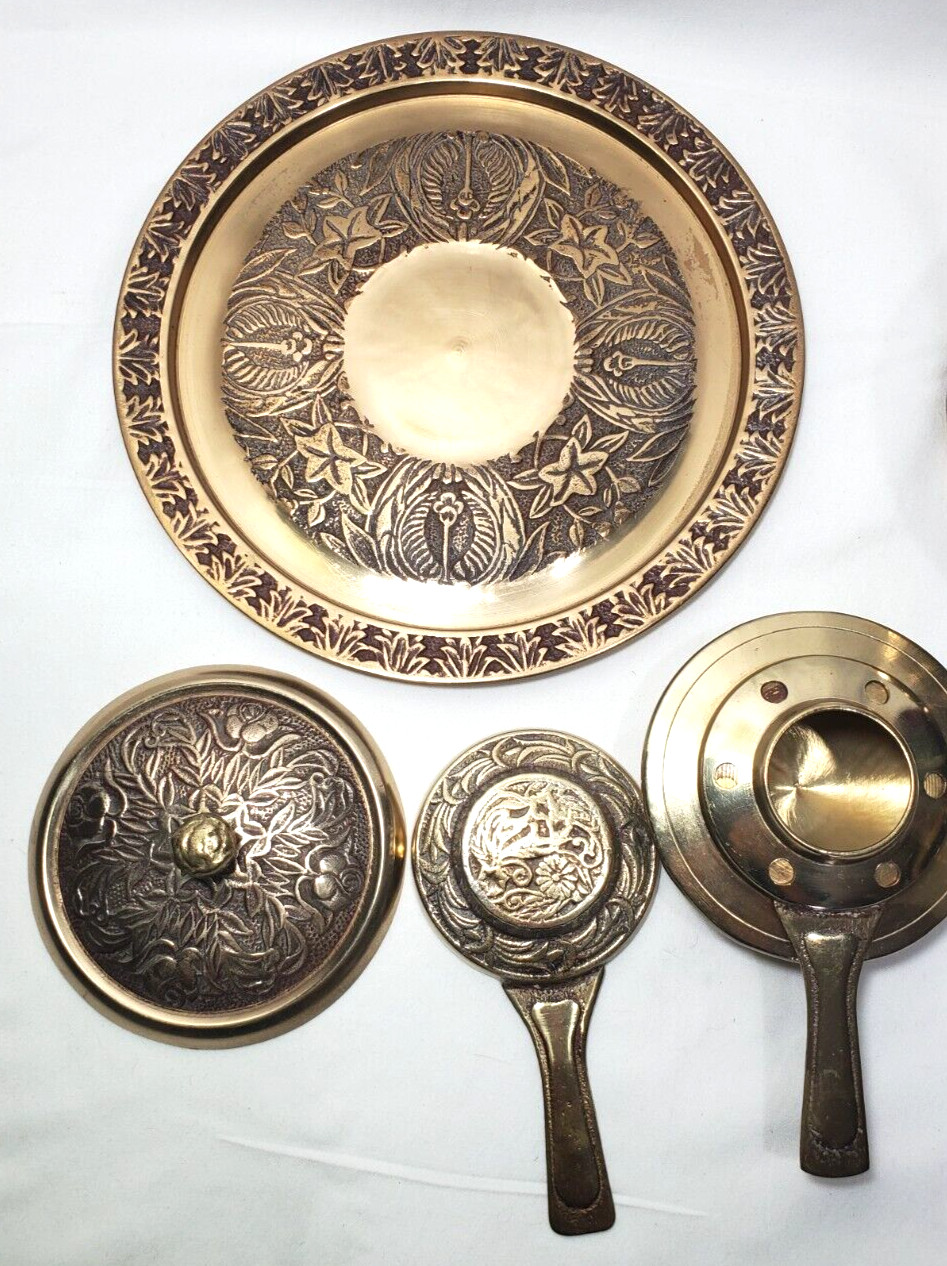 Vintage Brass Korean Fondue Set 6 Piece Floral Pattern