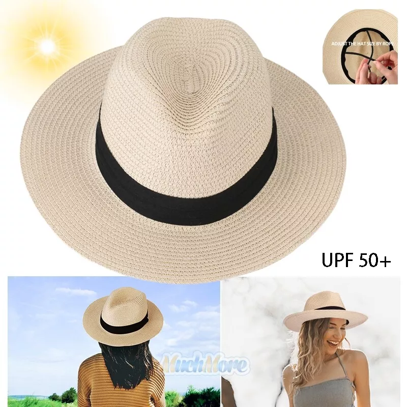 Womens Panama Straw Hat Wide Brim Summer Beach Sun Foldable Cap Fedora UPF  50+