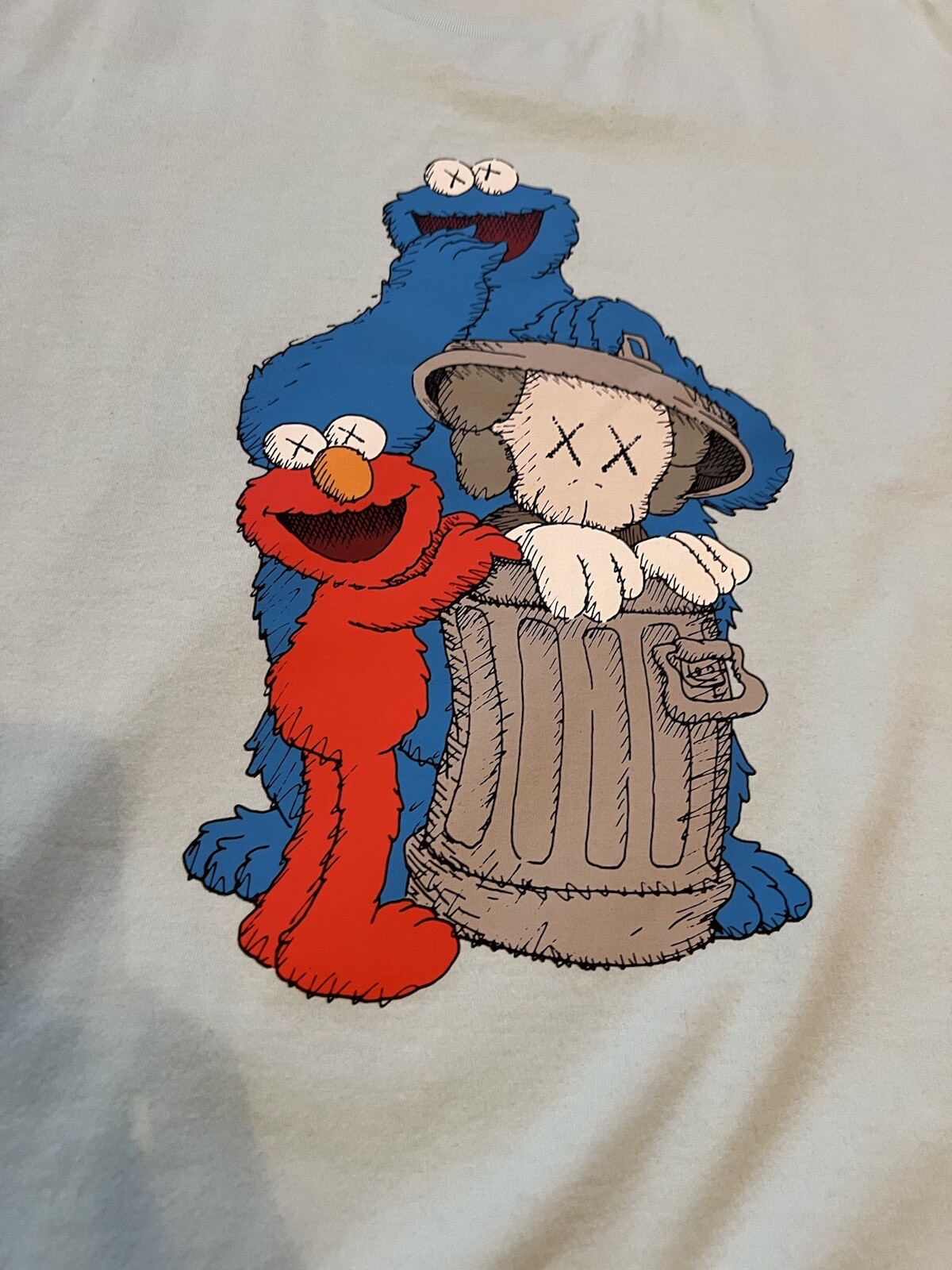 Kaws Uniqlo Sesame Street Companion Trash Can Elmo T Shirt Light Blue Red Mens L eBay
