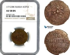 A10-521, Russia, Peter I, Kopek ND (1712) БК, Bitkin# 2379, NGC AU58 BN, Rare!