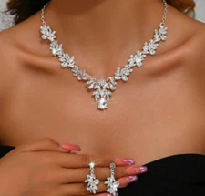 Pendant Choker Necklace Rhinestone Crystal Wedding Bridal Layered Earrings Set