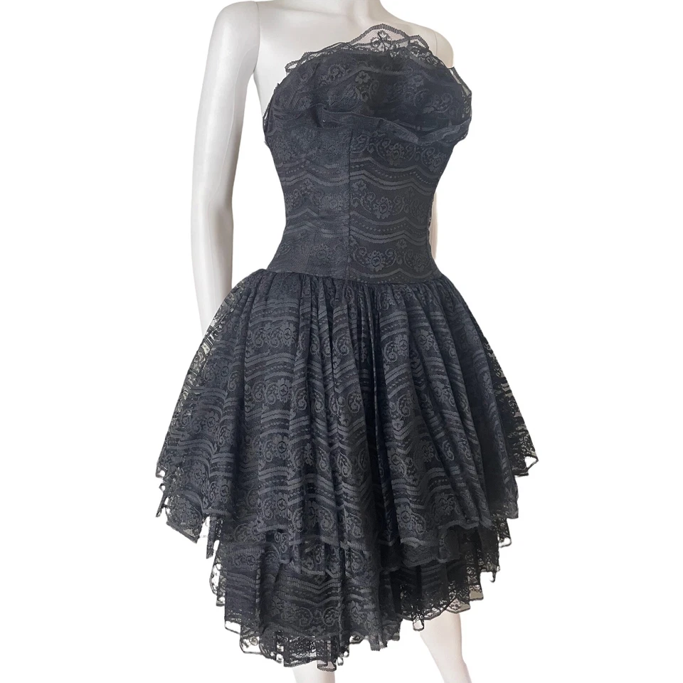 Vestido de encaje negro vintage años 50 Lilli Diamond of California XS/S sin tirantes EE. UU. Foto 4 de 4