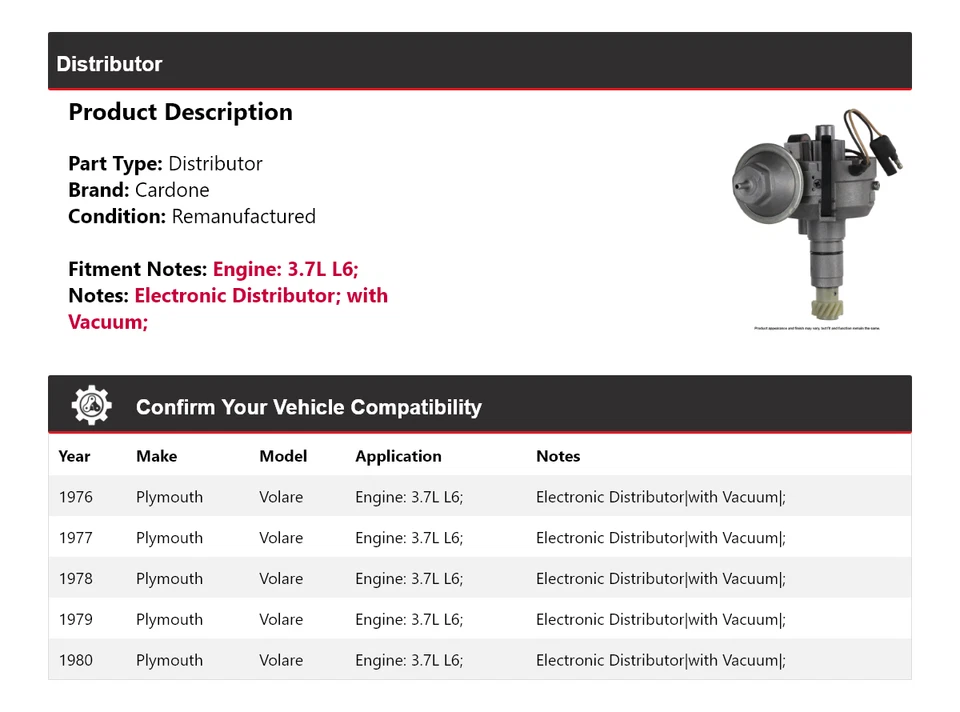 For 1976-1980 Plymouth Volare 3.7L L6 Distributor Cardone 1977 1978 1979 - Image 2 of 4