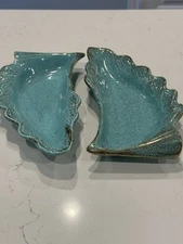 Vintage Hoenig Of California Pottery  Angel Wings Pair Dishes Blue Speckled 590