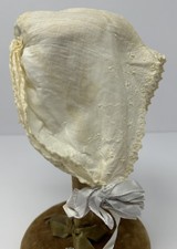 Vintage Antique Off White Doll Bonnet Hat with Embroidery  Ribbon Bows
