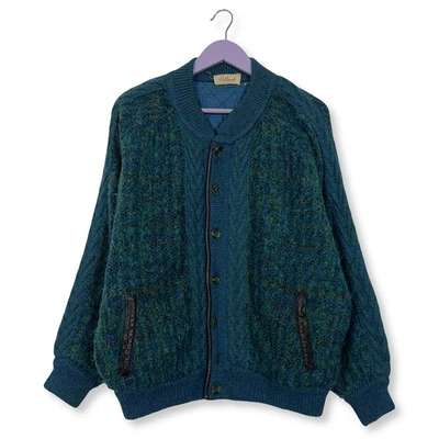 Cardigan Vintage Bleu Et Vert Doublé En Laine Mohair Années 80 90 - Taille L - Photo 1/4