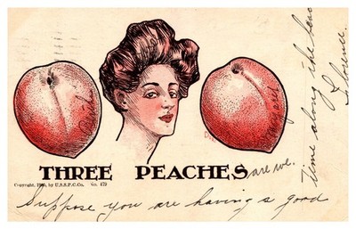 postcard Gibson Girl Flanked by two Peaches U.S. Playing Card Co. B3006