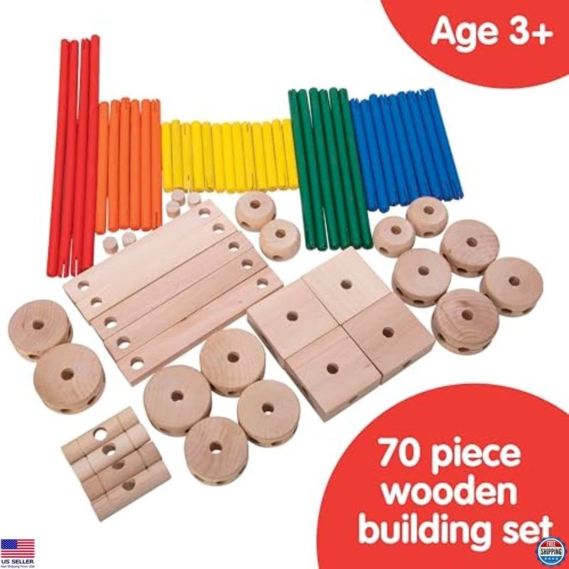 Classic Wood Construction Toy Set, 70 Pieces, Ages 3+, Creative Building Fun - Image 2 of 4