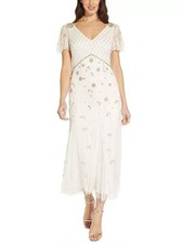 NWT Adrianna Papell Hand Beaded Short Sleeve Floral Godet Dress Ivory Sz 4P