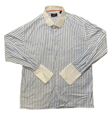 Steven Land Dress Shirt Mens 17 1/2 Contrast Collar French Cuff Striped Blue
