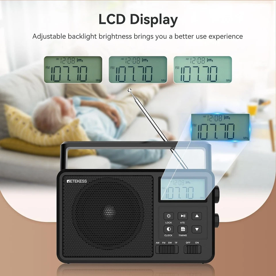 Retekess TR638 AM FM Shortwave Radio, Portable Clock Radio, USB/TF, Antenna Jack - Image 4 of 4