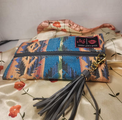 Makeup Junkie Bag, Small Bag, gray tassel, blues and oranges, fun pattern