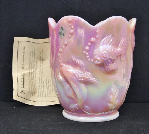 FENTON Art Glass Atlantis Koi Fish Vase Iridescent Rosalene Museum Collection 7"