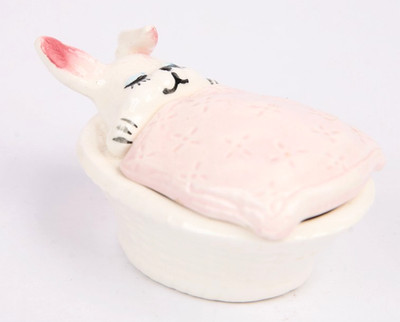 Midwest Taiwan Sleeping Bunny Trinket w/ Blanket Lid Ceramic Cute Rabbit Basket