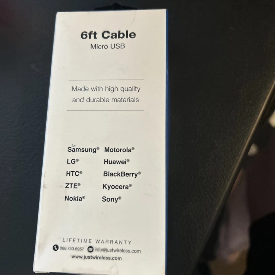 NEW Just Wireless 6 ft Micro USB Cable- Black Wire-Samsung, LG, HTC, Huawei - Image 2 of 3