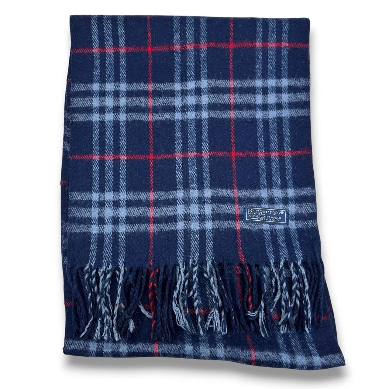 Vintage Burberry 100% Wool Lambswool Checked Scarf, Navy Blue & Red (A136)