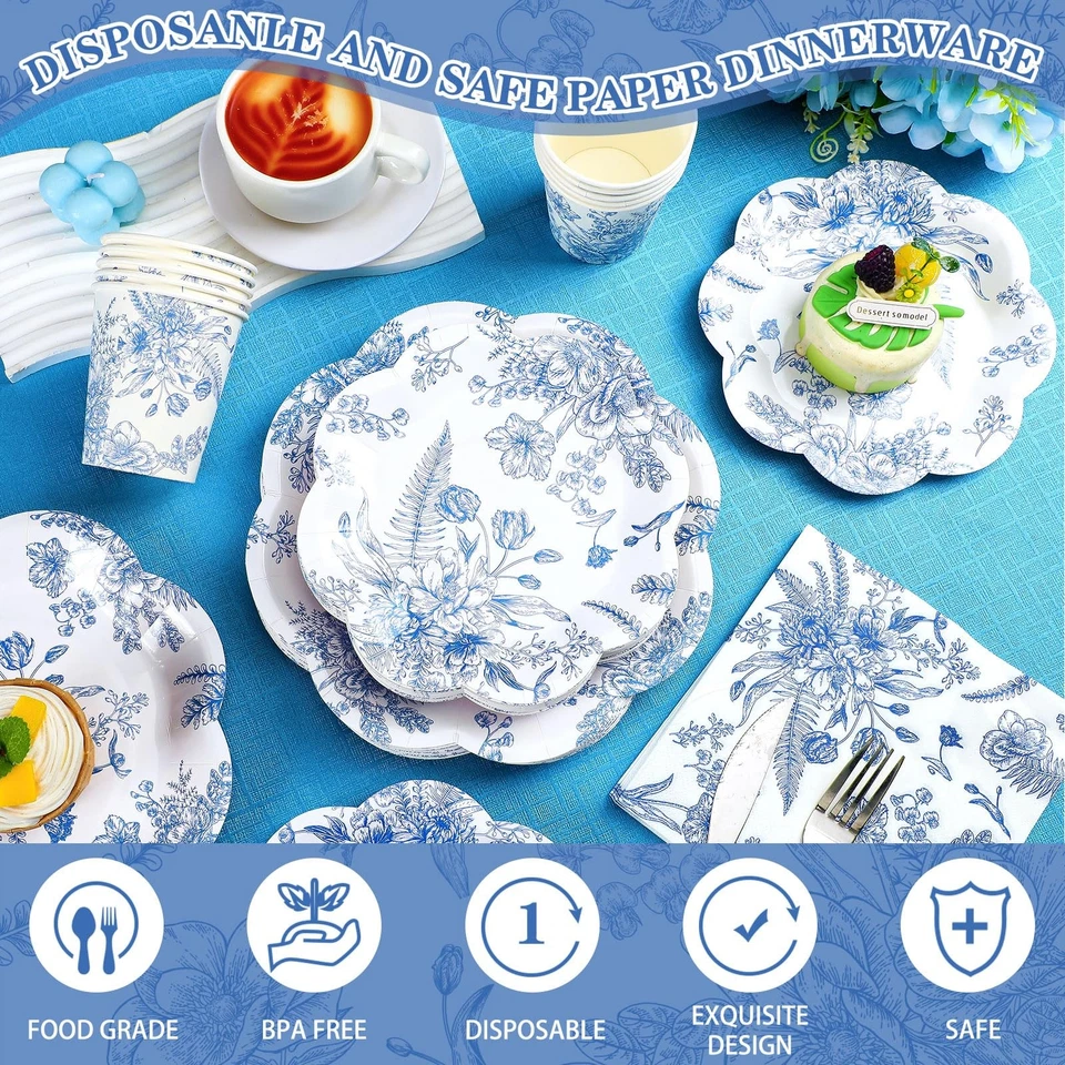 250 Pcs Blue Floral Disposable Plates and Napkins Blue and White Floral Paper... - Image 3 of 4