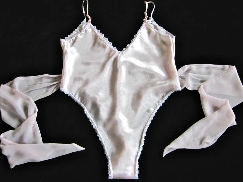 Vintage Slinky Pink Satin Teddy M White Lace Chiffon Sash Lady Cameo of Dallas - Image 2 of 4