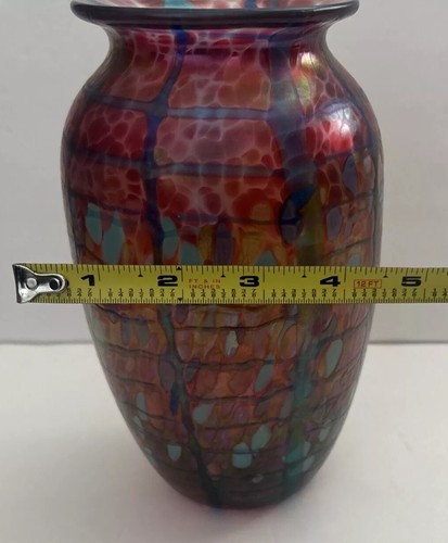 Vintage 1997 David Tate mundgeblasene Kunstglas Vase irisierend signiert orange blau rot - Bild 11 von 16