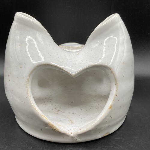 Art Pottery Cat White Candle Holder Heart Cutouts 5”x4” Signed - Picture 3 of 12