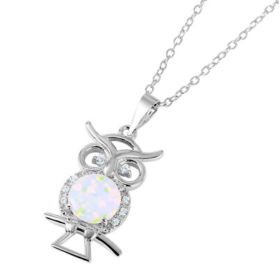 Sterling Silver 925 Owl Necklace Night Bird CZ & Opal Pendant Necklace N163