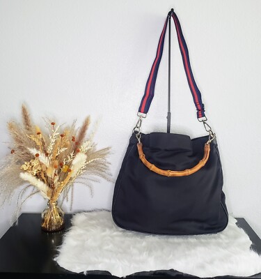 Gucci Two-Way Hobo Bag w/ Bamboo Handle Vintage Black Nylon and Leather  Trim