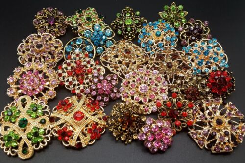 Lot 24 pc Mixed Vintage Style Golden Rhinestone Crystal Brooch Pin DIY Bouquet - Afbeelding 1 van 8