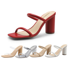 Women Two Strap Open Toe High Chunky Block Heel Wedding Party Heel Sandals