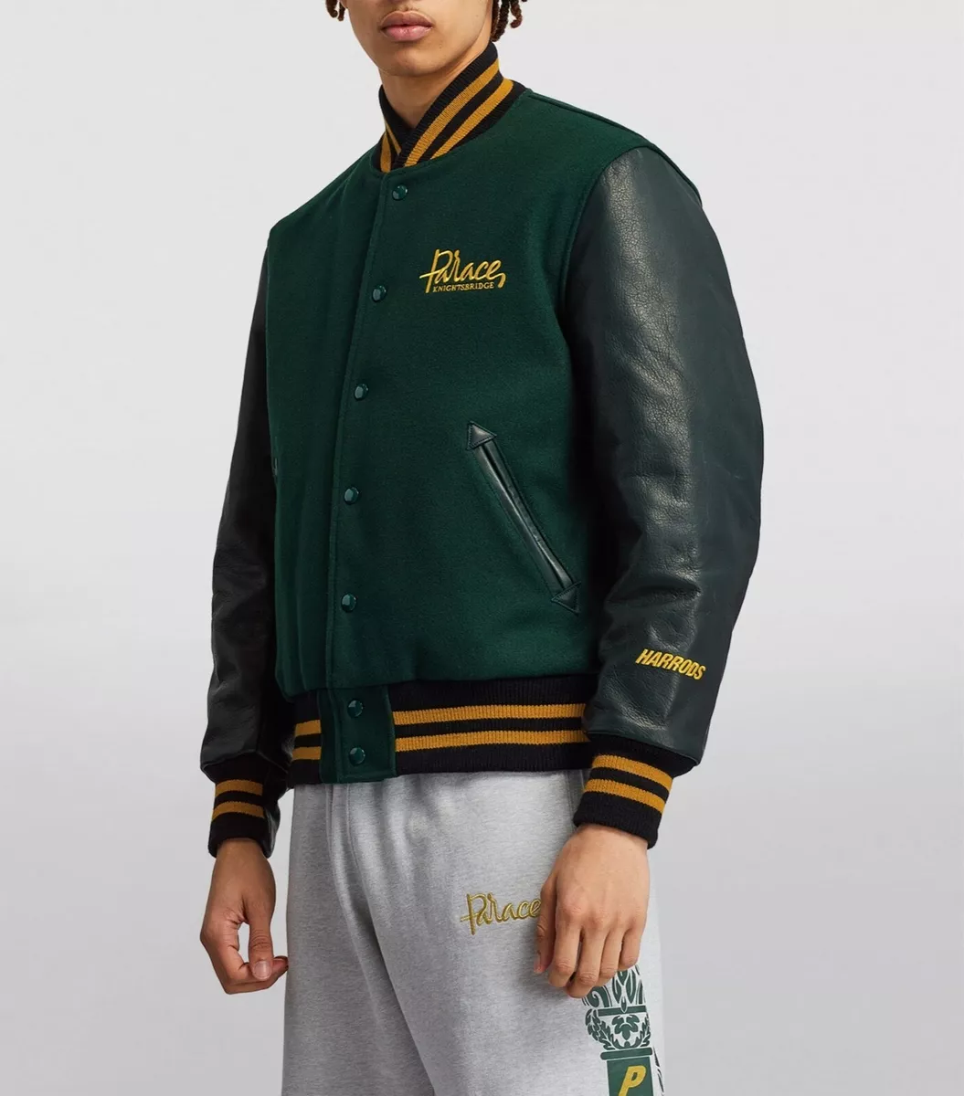 PALACE SKATEBOARDS X HARRODS GOLDEN BEAR VARSITY JACKET X-LARGE XL LEATHER GREEN