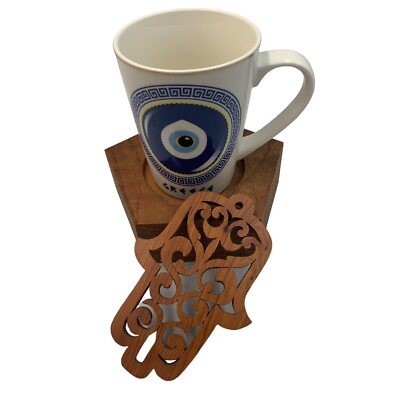 Hand Carved Stained Wooden Hamsa Wall Protection And Evil Eye Mug From Greece