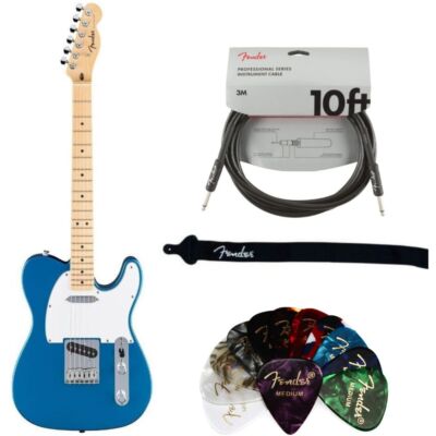 Fender Guitar Aqua w/ Fender Pick, 10ft Instrument Cable, Guitar Strap Kit