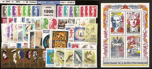 FRANCE- ANNEE COMPLETE 1990 = 60 Timbres NEUFS** du N° 2615 au 2675 LUXE MNH