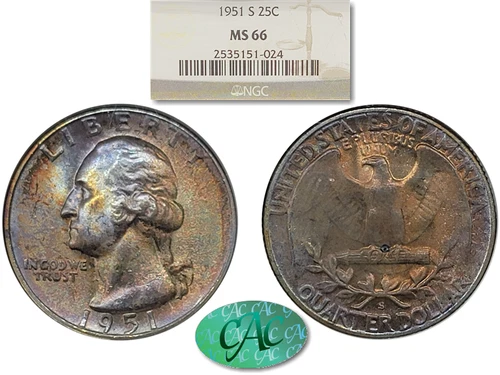 BEAUTIFULLY TONED 1951-S Washington 25c NGC MS-66 CAC Quarter KVE Investments