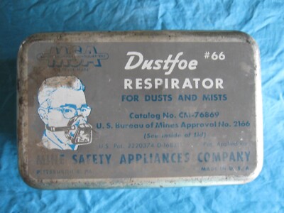 1950s/60s Mine Safety Appliances Co Dustfoe #66 Respirator Tin w/1 Unused Filter
