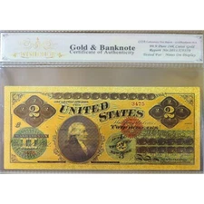 Gold 1862 $2 Two Dollars Legal Tender Banknote Collectible with Bag & Certificat